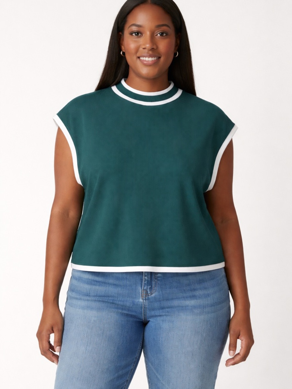 Sleeveless Dark Green Knit Tank with White Trim